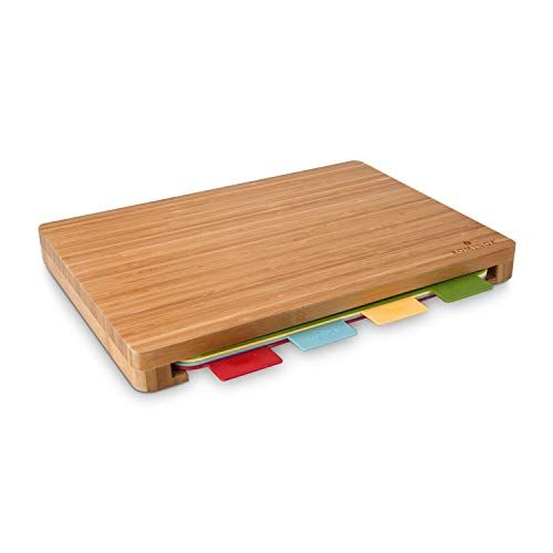 ROMINOX Geschenkartikel snijplanken // Vario in bamboe lichaam - 5-delige set, 4 gekleurde kunststof planken in bamboe lichaam, voor hygiënische scheiding; afmetingen: ca. 35 x 26,5 x 4 cm