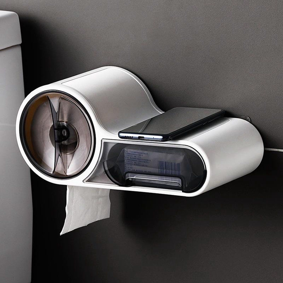 L&B WC rolhouder - Toiletrolhouder - Met plankje en opbergvak - Zwart - Kunststof