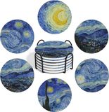 Unyqoos® Set de 6 sous-verres en céramique avec support – Motifs Van Gogh, bleu