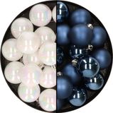 Decoris Kaemingk B.V. 32x stuks kunststof kerstballen mix van parelmoer wit en donkerblauw 4 cm