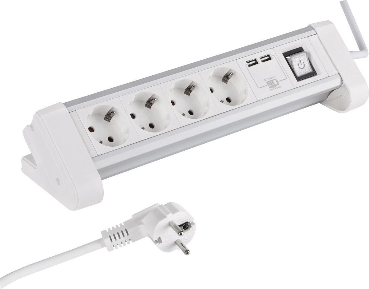 Q-Link stekkerdoos – 4-voudig – randaarde – voor bureau – 2 x USB – 1.5 m – aluminium