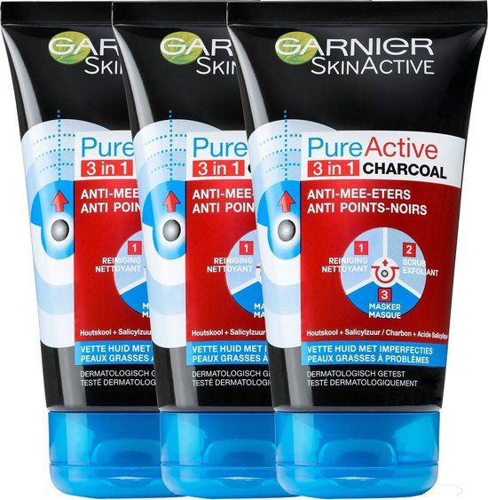 Garnier SkinActive PureActive 3-in-1 Gezichtsmasker met Charcoal - 3 x 150 ml