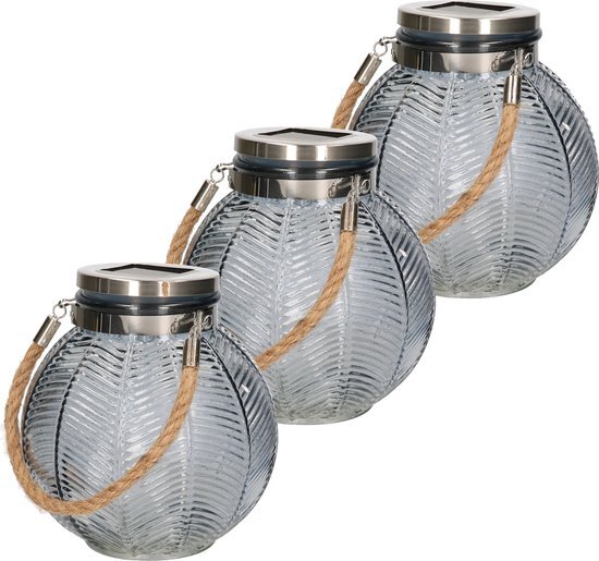 Anna's Collection 3x stuks grijze solar lantaarn van gestreept glas rond 16 cm - Tuinlantaarns - Solarverlichting - Tuinverlichting