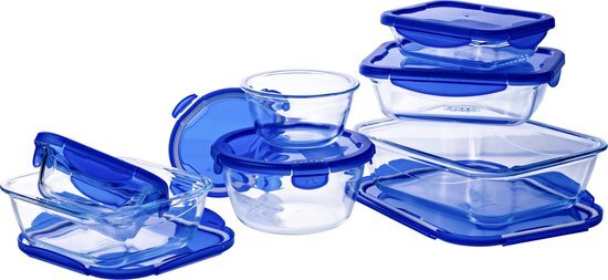 Pyrex schalenset Cook & Go glas transparant/blauw 7 stuks