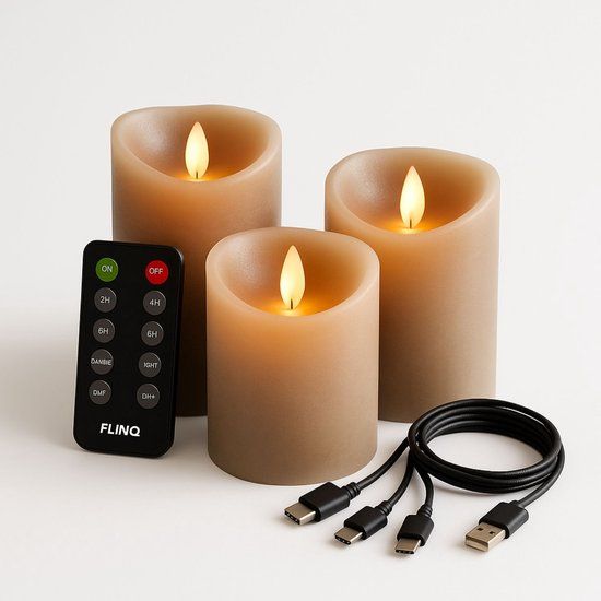 FlinQ Oplaadbare LED Kaarsen met Bewegende Vlam - Taupe - 3 stuks