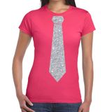 Bellatio Decorations Eighties Carnaval verkleed t-shirt - met stropdas - roze - zilver glitters - dames - verkleedkleding - Disco - VIP XXL