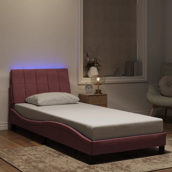 vidaXL Bedframe met LED-verlichting fluweel roze 90x200 cm