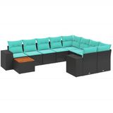 vidaXL 10-delige tuinbankset met kussens van zwart polyrotan
