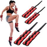 BAKAJI Set van 4 gewichten voor polsen en enkel, 2 kg + 1 kg, training, fitnessstudio, aerobic, fitness, spieropbouw, van neopreen met klittenbandsluiting en verstelbare gesp (rood)