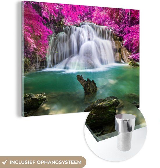 MuchoWow® Glasschilderij 40x30 cm - Waterval - Roze - Acrylaat - Foto op glas