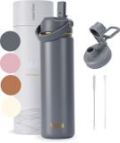 VANN® RVS Drinkfles 650 ML met rietje voor volwassenen – 3-Wandig – Met 2 doppen – Thermosfles – 12 uur warm/24 uur koud – Cadeau voor man en vrouw – VANN Gold Botte Grey