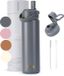 VANN® RVS Drinkfles 650 ML met rietje voor volwassenen – 3-Wandig – Met 2 doppen – Thermosfles – 12 uur warm/24 uur koud – Cadeau voor man en vrouw – VANN Gold Botte Grey