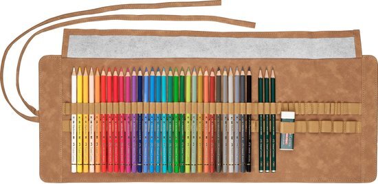Faber-Castell 110030 Polychromo kleurpotloden, 30-delige set met pennenrol van leer en accessoires, waterbestendig, onbreekbaar, voor professionals en hobbykunstenaars, kleurrijk