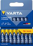 VARTA Batterijen AAA, 16 stuks, Longlife Power, alkaline | LR03 1,5 V, Made in Germany, tot 10 jaar houdbaar, voor spelconsole, tandenborstel, muis, controller of zaklamp