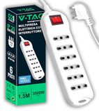 V-TAC Ruimtebesparend meervoudig stopcontact met 6 stopcontacten met schakelaar en 1,5 m lange kabel