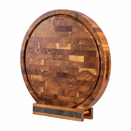 VDN Professionele Snijplank Rond Acacia Hout met Sapgeul en Handvaten – Anti-slip Borrelplank met Houder Set - Hakblok Kopshout Ø 38 x 3,8 CM