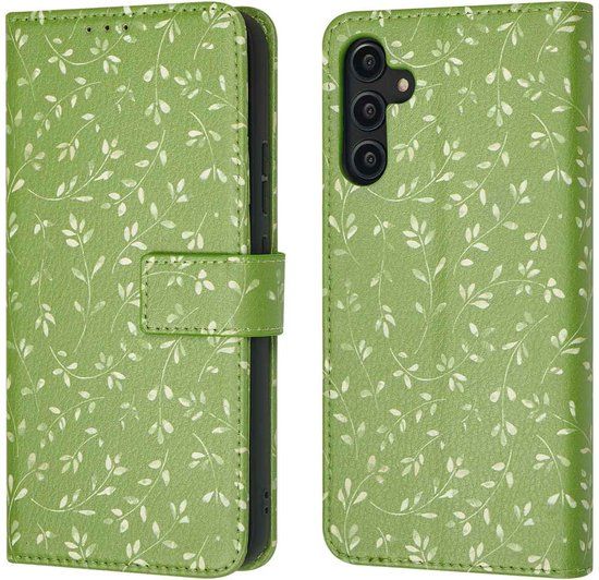 iMoshion Book Case hoesje voor Samsung Galaxy A14 (4G/5G) - Groen met bloemen - Kunstleer - Pasjeshouder