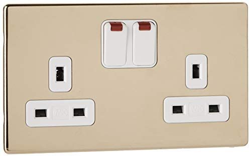 MK (ELECTRIC) Aspect 13 AMP 2 Gang DP Dual Earth Gepolijst Messing Schakelaar Socket Outlet met Neon Indicator en Witte Insert