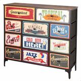 AKTIVE Max Home 18404 multifunctionele commode, retro en vintage afbeeldingen, 11 laden van lichte stof, 103 x 30 x 98 cm, stalen frame, houten blad, nachtkastjes, woonkamermeubels