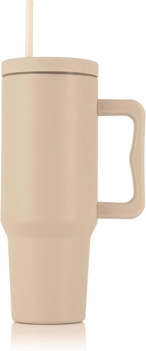 GOURMETmaxx Thermosbeker met rietje en handvat, 1,2 l, koffiebeker voor onderweg, isolatiebeker met 2-in-1 deksel, lekvrije beker, beige