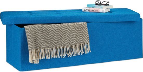 Relaxdays Opvouwbare bank + opslag - Bankje linnen - Zitbank grijs of bruin - 114x38x38 cm blauw