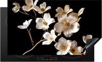 Merkloos KitchenYeah® Inductie beschermer 95x50 cm - Zwart - Bloemen - Wit - Inductie kookplaat accessoire