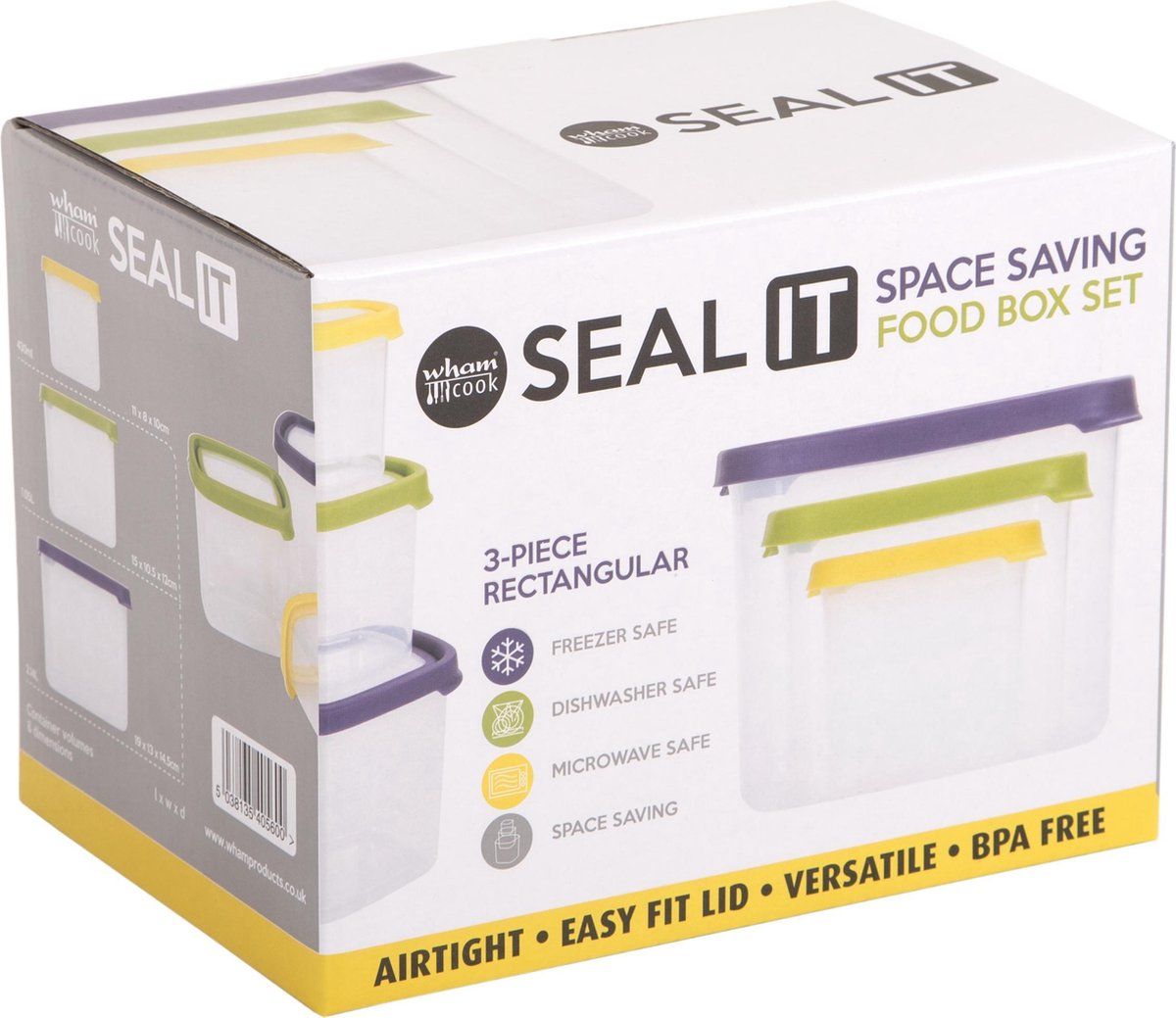 Wham Seal It Opbergbox Rechthoek 3-delig - Transparant/Multicolor