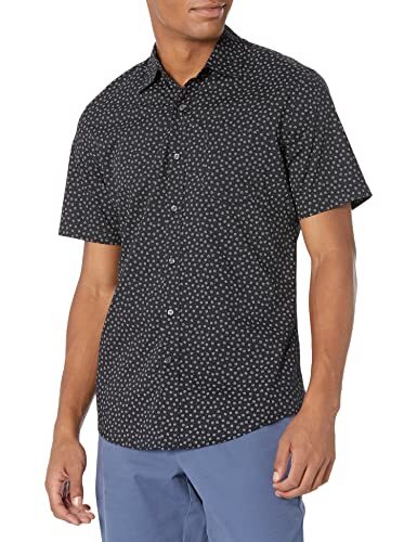 Amazon Essentials Amazon Essentials Men's Shirt met korte mouwen, print en slanke pasvorm, Zwart Bloemig, XL