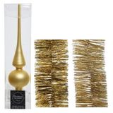 Decoris Kerstversiering glazen piek mat 26 cm en folieslingers pakket goud van 3x stuks