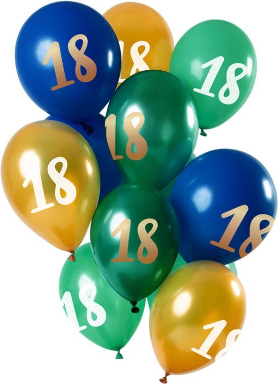 Folat Ballonnen 18 Jaar Blauw-Groen-Goud 30 cm - 12 stuks