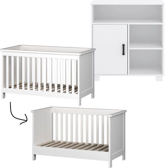 cabino Born Lucky Mila Meegroei Babykamer 2 Delig Compleet – Baby bed 70x140 cm & Commode – Wit