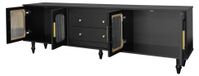 Meuble TV - Meuble TV bas - Pour téléviseurs de 178–201 cm - En panneau de particules - Noir - Avec porte en verre - Poignées dorées