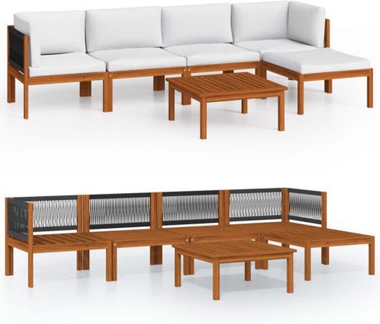 vidaXL 6-delige tuinloungeset met kussens crèmekleurig acaciahout en touw