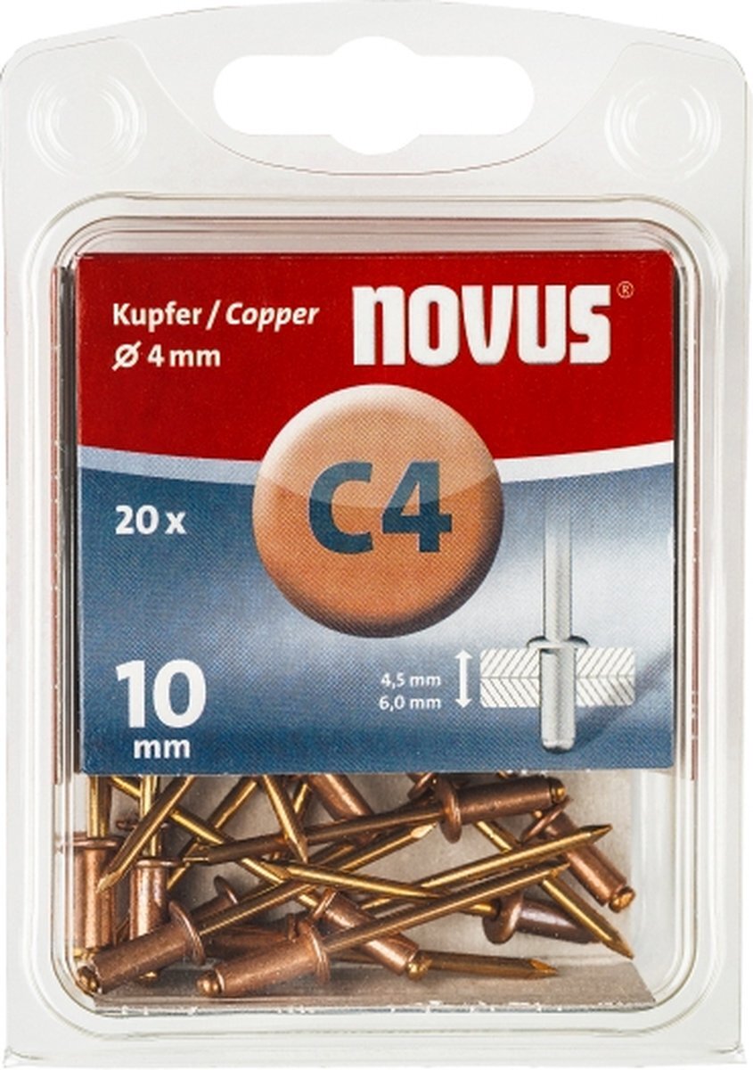 Novus Koperen blindklinknagels 10 mm, 20 stuks, Ø4 mm, 4,5-6,0 mm klemlengte, voor corrosiebestendige, geleidende verbindingen