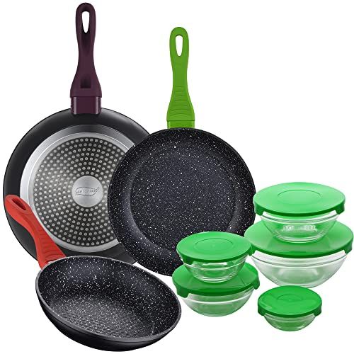 San Ignacio Pannenset - 3 Braadpannen (20/24/28 cm) + 5 Ballen met Groen Deksel