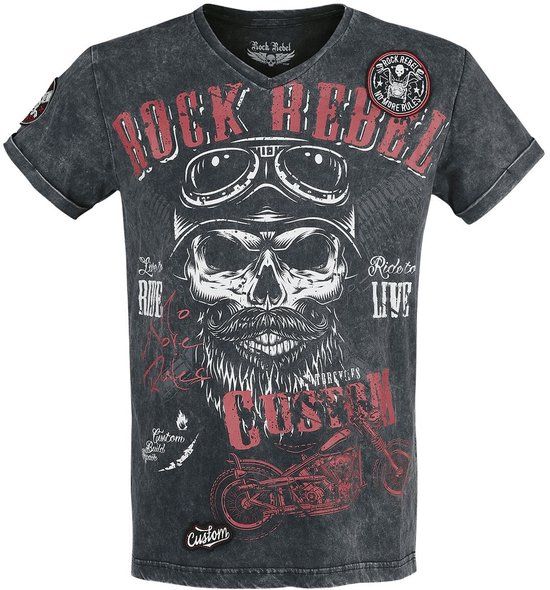 Rock Rebel by EMP Zwart T-shirt met V-hals en print - Heren - 4XL