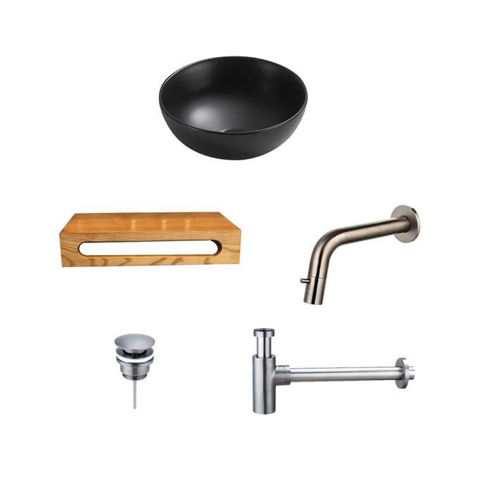 Keramische Waskom Zwart Rond met Massief Houten Planchet - Gun Metal Set