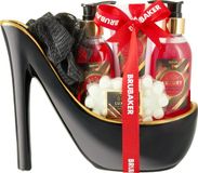 BRUBAKER Cosmetics Luxe Aardbeien- en Kokosmelk Beautyset - 5-delige Bad Cadeauset in Keramische Pump - Zwart Goud
