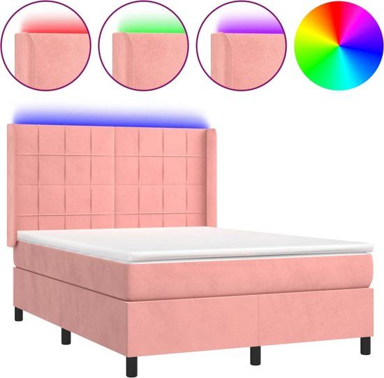 vidaXL Boxspring met matras en LED fluweel roze 140x190 cm