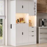 OKWISH Keukenkast – Hoge Opbergkast Met 3 Lades, Wijnrek, Verstelbare Planken En Ledverlichting – 105 x 40 x 180 cm – MDF Wit