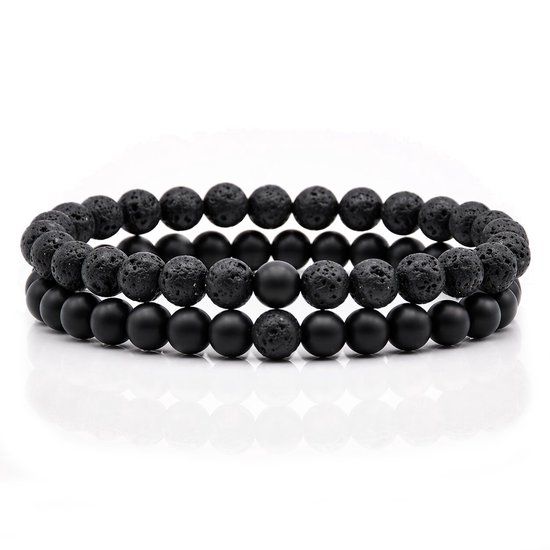 Memphis Heren Kralen Armband Lavasteen en Matte Agaat Zwart