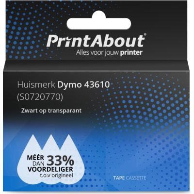 PrintAbout Huismerk Dymo 43610 (S0720770) Tape Zwart op transparant (6 mm)