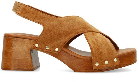 Sacha - Dames - Cognac suède sandalen met houten hak - Maat 39