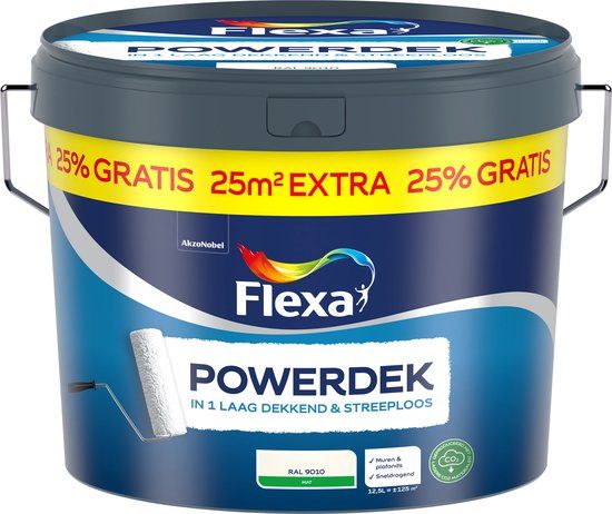 Flexa Powerdek Muren & Plafonds - Gebroken wit / RAL 9010 - 12,5 L - 125m2 - Muurverf