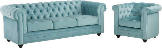 Vente-unique CHESTERFIELD - Driezitsbank en fauteuil - fluweel - pastel blauw - 205 x 72 x 88 cm