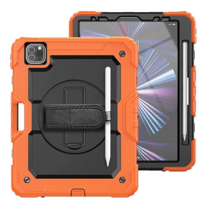 R-JUST Armor Hoesje voor iPad 9 7 met Kickstand / Polsband / Pennenhouder - Heavy Duty Cover Case Oranje