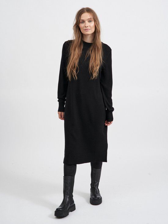VILA VIRIL CREW NECK L/S MIDI DRESS - NOOS Dames Jurk - Maat L - Black