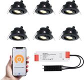 HOFTRONIC Sienna Set van 6 Smart LED Mini Inbouwspots - Zwart - 12V 3W 200lm - Dimbaar - Kantelbaar - Wifi & Bluetooth - 2700K - IP44