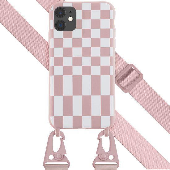 Selencia Hoesje iPhone 11 - Siliconen Design Hoesje met Koord - Roze / Irregular Check Sand Pink