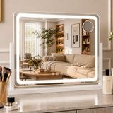 Koonmi Miroir de maquillage de bureau LED - Rotation à 360° - 55x48cm - Format horizontal - Bande LED